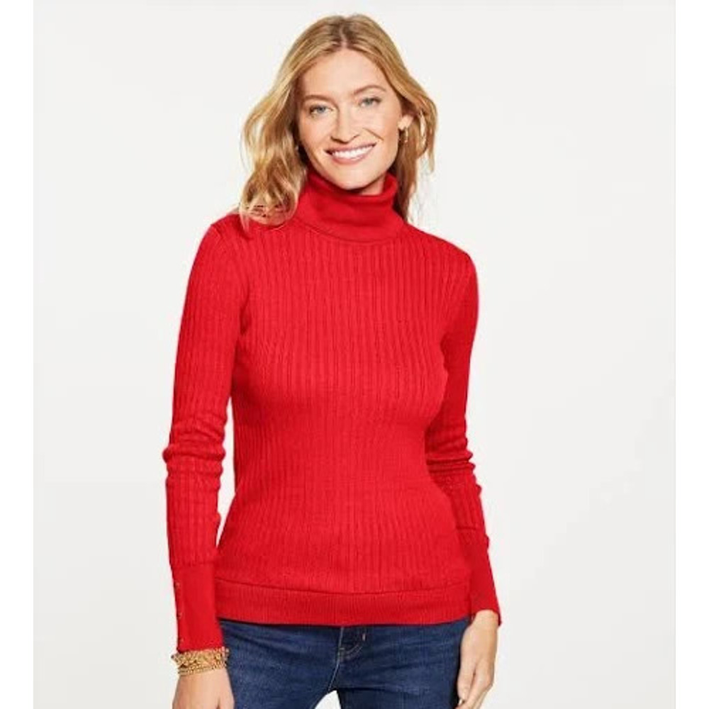 Talbots Ribbed Button-Cuff Turtleneck Sweater Size Medium‎ Red 5 Button Gold - Picture 2 of 7